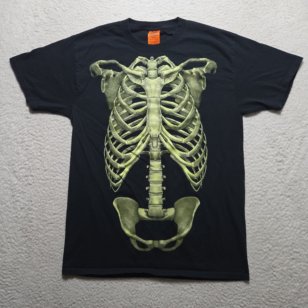 Happy Halloween Skeleton Bones Neon Rib Cage Scary Horror Black T-Shirt Medium